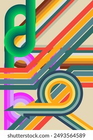Retro 70s líneas ocupadas Fondo. Plantilla artística abstracta de los años 70. Póster minimalista de diseño a rayas de Antiguas. Obra de arte en color arcoíris a la antigua.