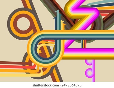 Retro 70s líneas ocupadas Fondo. Plantilla artística abstracta de los años 70. Póster minimalista de diseño a rayas de Antiguas. Obra de arte en color arcoíris a la antigua.