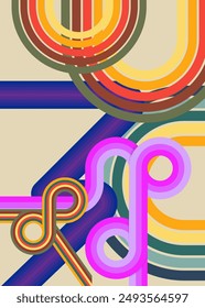 Retro 70s busy lines Background. Groovy abstract 1970s art template. Minimalistic Vintage striped design poster. Old-fashioned rainbow color artwork.