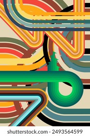 Retro 70s busy lines Background. Groovy abstract 1970s art template. Minimalistic Vintage striped design poster. Old-fashioned rainbow color artwork.