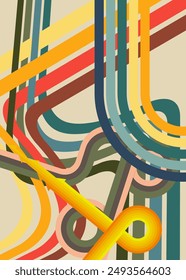 Retro 70s busy lines Background. Groovy abstract 1970s art template. Minimalistic Vintage striped design poster. Old-fashioned rainbow color artwork.