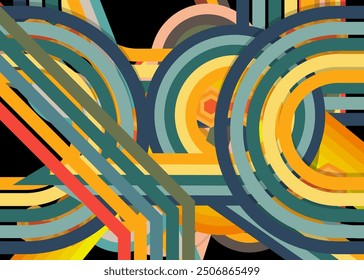 Retro 70s busy lines Background. Groovy abstract 1970s art template. Minimalistic Vintage striped design poster. Old-fashioned rainbow color artwork.