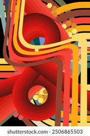 Retro 70s busy lines Background. Groovy abstract 1970s art template. Minimalistic Vintage striped design poster. Old-fashioned rainbow color artwork.
