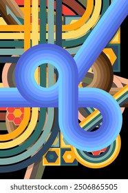 Retro 70s busy lines Background. Groovy abstract 1970s art template. Minimalistic Vintage striped design poster. Old-fashioned rainbow color artwork.