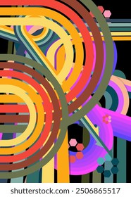 Retro 70s Besetzt Linien Hintergrund. Groovy abstrakte 1970er Jahre Kunstvorlage. Minimalistisches Vintage gestreiftes Design-Poster. Alte Regenbogenfarben.