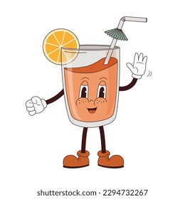 Retro 70s cocktail character in cartoon style. Nostalgia 1970s, 80s.
Groovy juice glass with fruit. Y2k Vector illustration. Element for sticker, poster, social media.
