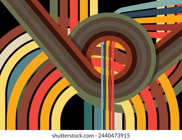 Retro 70s colorful lines. Groovy abstract 1970s art template. Minimalistic Vintage striped design poster. Old-fashioned rainbow color artwork on black background.