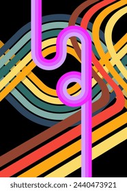 Retro 70s colorful lines. Groovy abstract 1970s art template. Minimalistic Vintage striped design poster. Old-fashioned rainbow color artwork on black background.