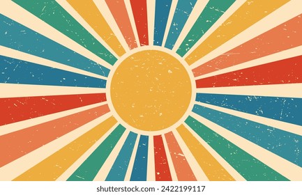 Retro 70er Jahre bunte Sonne mit Strahlen auf vintage Hintergrund. Groovy Banner, Poster oder Postkarte. Vektorgrafik.