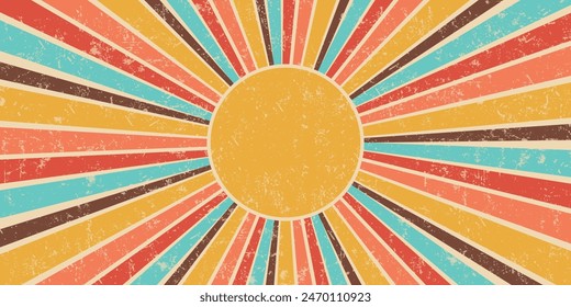 Retro 70er Jahre bunte Sonne mit Strahlen auf Vintage-Hintergrund. Groovy Banner, Poster oder Postkarte. Vektorillustration.