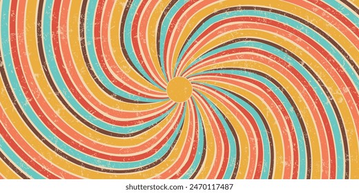 Retro 70s colorful sun with rays on vintage background. Groovy banner, poster or postcard. Vector illustration.