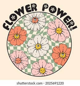 Retro 70s daisy flowers illustration print with distorted checkered pattern background for girl - kids graphic tee t shirt or sticker - Vector 