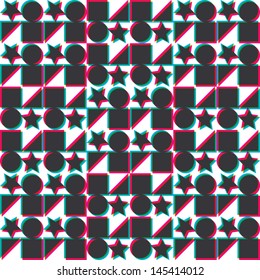 Retro 70s Disco Star pattern with overlapping transparent geometric shapes. Triangle, star, circle and square in rgb optic