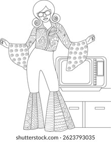 Retro 70s Moda Mulher Ilustração para Colorir Livro, Preto e branco ilustração de arte de linha com uma mulher em traje de moda completa 1970, incluindo calça de fundo sino, uma camisa estampada, e