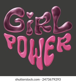 Retro 70s feminist slogan for t-shirts, posters or cards. Girl power 3D pink lettering. Power vector slogan. Trendy retro slogan. Vector inscription in 3D cartoon style