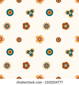 Retro 70's floral pattern background with hippie flowers for fabric, nursery wallpaper, cute print. Vector vintage repeat texture
