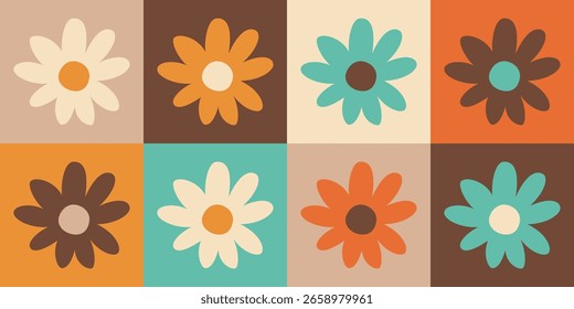 Retro 70s floral pattern, vector hand drawn daisy flowers background illustration.