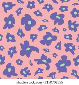 Retro 70s floral seamless repeat pattern. Random placed, vector blent flower heads all over surface print on pink background.