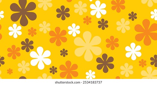 Retro 70s Flower Pattern | Repeating Groovy Seventies Background | Seamless 1970s Wallpaper in Vintage Yellow and Brown