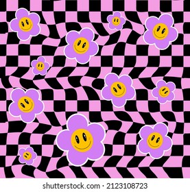 Retro 70s flowers with distorted checkered seamless pattern background for girl - kids graphic tee t shirt or sticker. Vector illustration