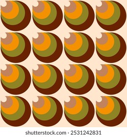 Retro 70s funky cones brown orange Vector Pattern. Midcentury style psychedelic geometrics in autumn colors, brown, orange, cream, moss green seamless pattern.