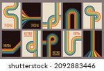 Retro 70s geometric posters, vintage rainbow color lines print. Groovy striped design poster, abstract 1970s colorful background vector set. Minimalistic old-fashioned cover for artwork