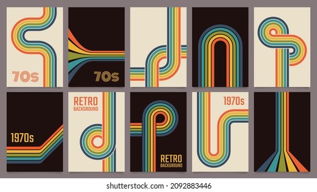 Retro 70s geometric posters, vintage rainbow color lines print. Groovy striped design poster, abstract 1970s colorful background vector set. Minimalistic old-fashioned cover for artwork - Shutterstock ID 2092883446