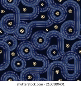 Retro 70s geometric seamless pattern with blue vintage color lines with chains and gold beads. Striped abstract 1970s colorful background.