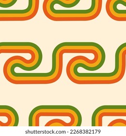 Retro 70s geometric seamless pattern. Vintage multi repeat vector background, groovy striped print. Abstract geometric circles and line 60s, 70s surface design, fabric, paper, stationery, card, banner