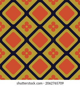 Retro 70s geometric seamless vector pattern. Orange, navy blue and mustard yellow design. Tiled rounded squares in a diamond grid layout. Funky, groovy seventies repeat background wallpaper texture. 