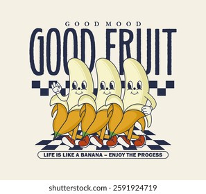 Retro 70s groove style cartoon banana character. vintage mascot illustration for T-shirts, posters, stickers, and more