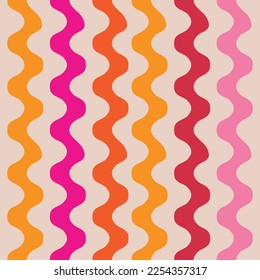 Olas abstractas y groovescas de los años 70 retro con un patrón sin fisuras en naranja, ámbar, rojo y rosa . Para afiches retro, textil y textura.
