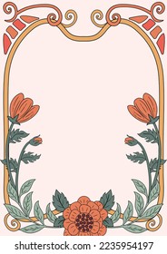 Retro 70s groovy Art Nouveau style flower background template for Invitations, greeting card, frame and decor. Boho style floral border design. 