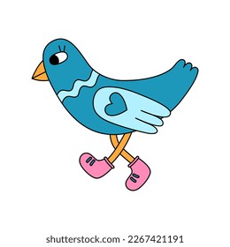 Retro 70s groovy blue bird walking in shoes. Dove, pigeon. Cartoon hippie isolated vector illustration