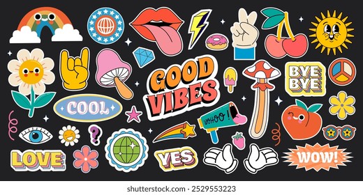 Retro 70s groovy brutalist element, funny hippie cartoon sticker, contemporary flower, rainbow, Love, heart and mushroom pattern in trendy psychedelic or y2k style. 90s y2k social media comic art icon