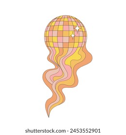 Retro 70s groovy disco ball in the form of comet with wavy tail vector illustration isolated on white. Hand drawn linear style trippy mirror ball print poster postcard design. October 31st Halloween