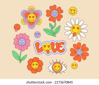 Retro 70s Groovy Elements, Cute Funky Hippy Stickers. Cartoon Daisy Flowers, Sun, Eye, Faces Emoji, Hippie Sticker Vector Set. Hand Lettering Love In Groovy Style. Positive Symbols Badges Isolated