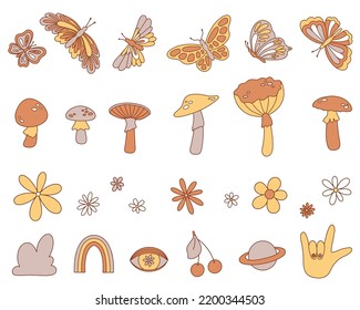 Retro 70s groovy elements, cute funky hippy stickers. Cartoon daisy flowers, mushrooms, rainbow, butterflies. Vector set.