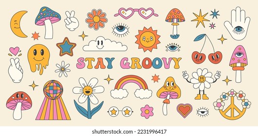 Retro 70s groovy elements, cute funky hippy stickers. Cartoon daisy flowers, mushrooms, heart, rainbow, hippie sticker vector set. Positive symbols or badges isolated on white