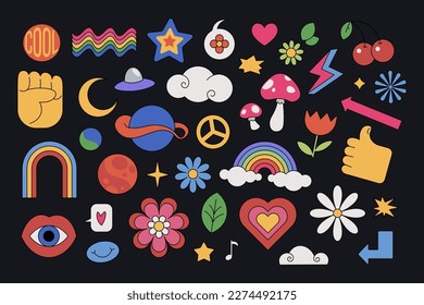 Retro 70s groovy elements, cute funky hippy stickers. Cartoon daisy flowers, mushrooms, cherry, heart, rainbow, hippie sticker vector set. Positive symbols or badges isolated on black background.