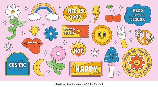 Retro 70s groovy elements. Cute funky hippy stickers. Cartoon daisy flowers, mushrooms, heart, rainbow, hippie sticker vector set. Positive symbols or badges isolated on white.