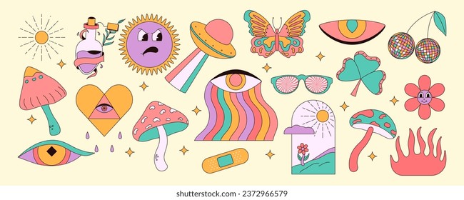 Retro 70s groovy elements. Mushrooms, sun, flower, lips, eyes, sunglasses and etc. Cartoon hippy stickers. Vector illustration.
