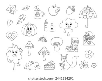 Retro 70s groovy fall autumn elements coloring page. Funky hippie outline set with cartoon pumpkin, leaves, mushrooms, tree, umbrella, rubber boots etc. Coloring book for print