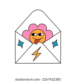 Retro 70s groovy flower character shows his tongue from envelope. Cartoon hippie isolated vector illustration