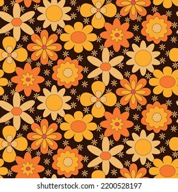 Retro 70s Groovy Flowers Seamless Pattern In Orange And Yellow Over Black Background. For Textile, Fabric, Home Décor And Retro Backgrounds.