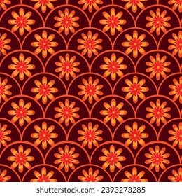 Retro 70s Groovy Flowers seamless pattern in yellow, orange and red on vintage geometric scallop scales. For home décor, fabric and textile. 