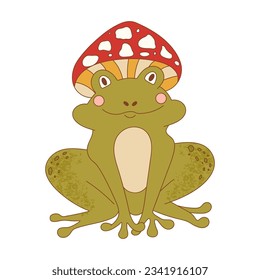 Retro 70s groovy funky frog with mushrooms. Frog character wearing mushroom hat. Naive groovy toad psychedelic vintage illustration.