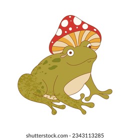 Retro 70s groovy funky frog with mushrooms. Frog character wearing mushroom hat. Naive groovy toad psychedelic vintage illustration.