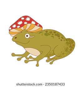 Retro 70s groovy funky frog with mushrooms. Frog character wearing mushroom hat. Naive groovy toad psychedelic vintage illustration.