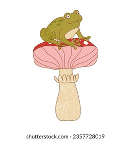 Retro 70s groovy funky frog with mushroom. Frog character sitting on mushroom. Naive groovy toad psychedelic vintage illustration.